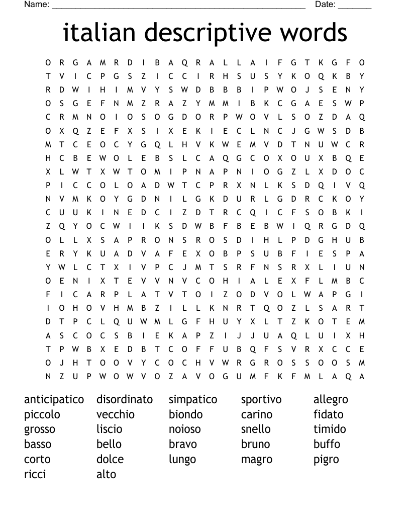 italian descriptive words  Word Search