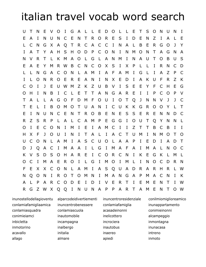 italian travel vocab word search