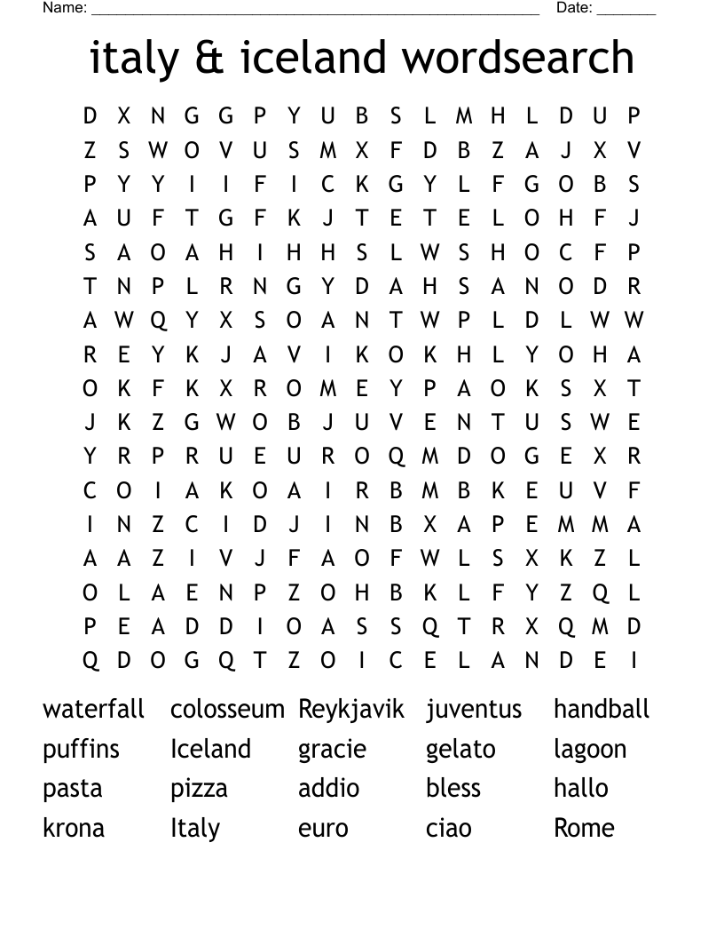 italy & iceland wordsearch