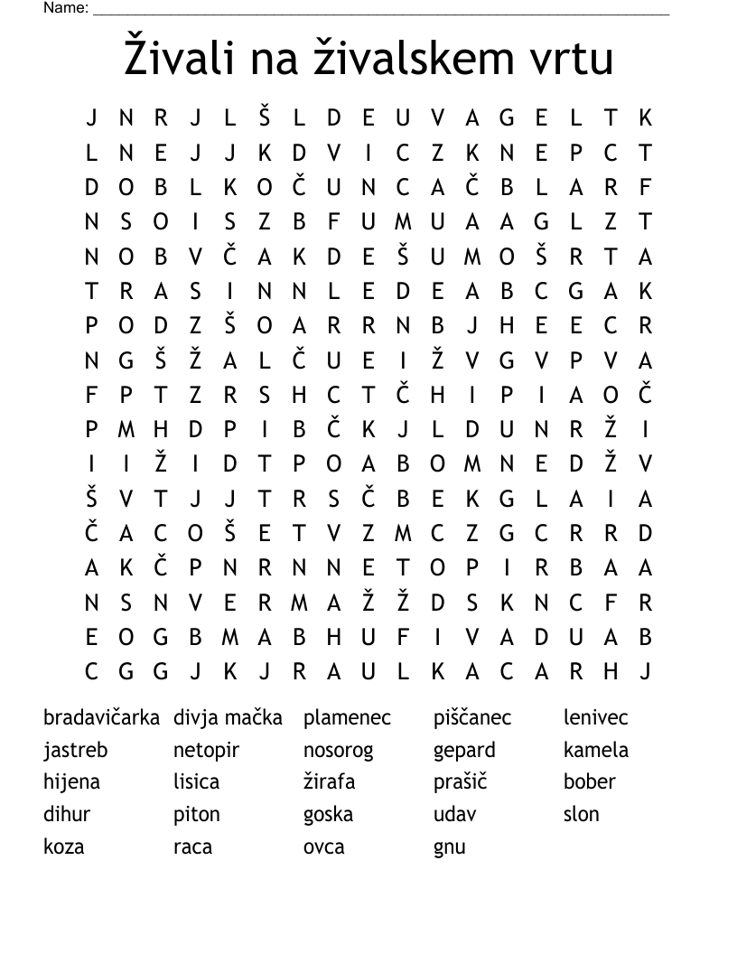 Živali na živalskem vrtu Word Search
