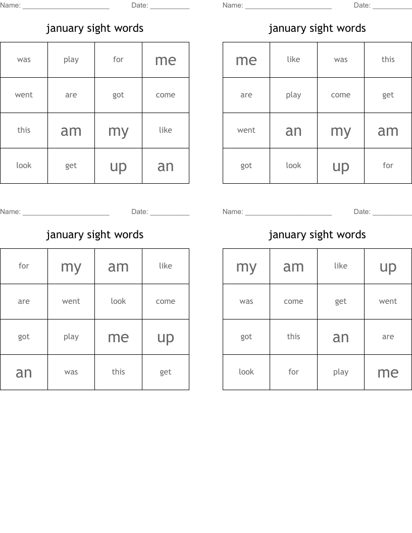 january sight words Bingo Cards