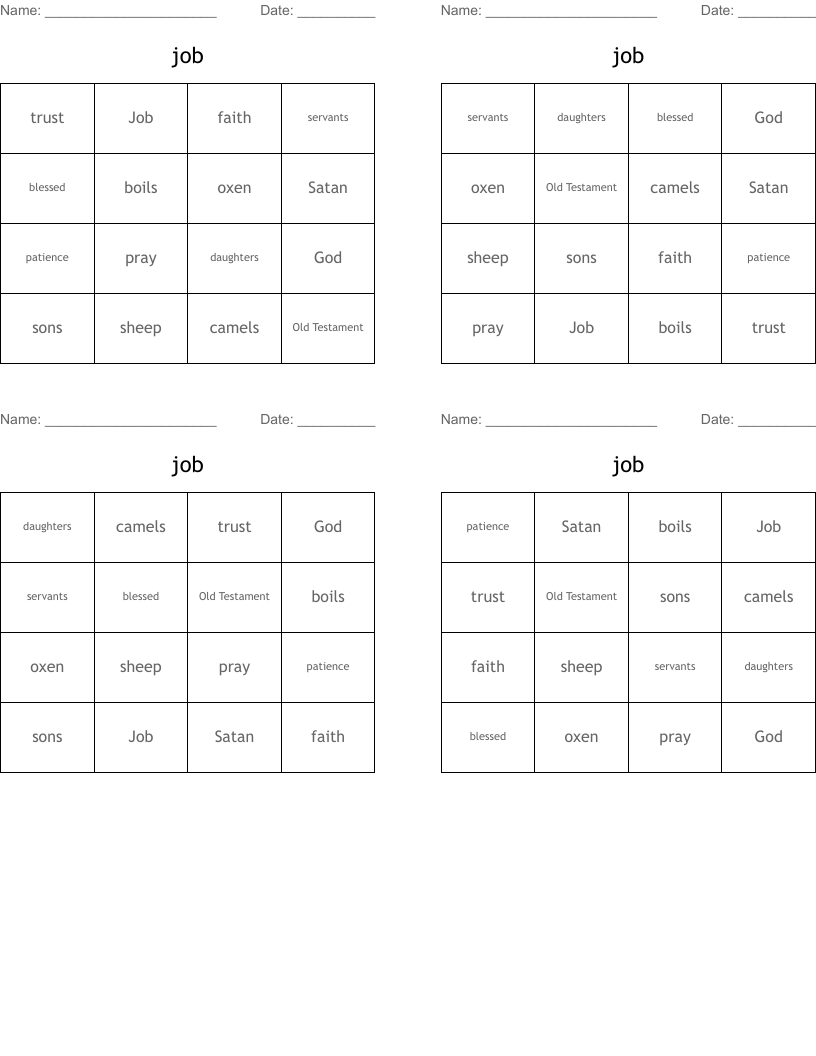 job Bingo Cards