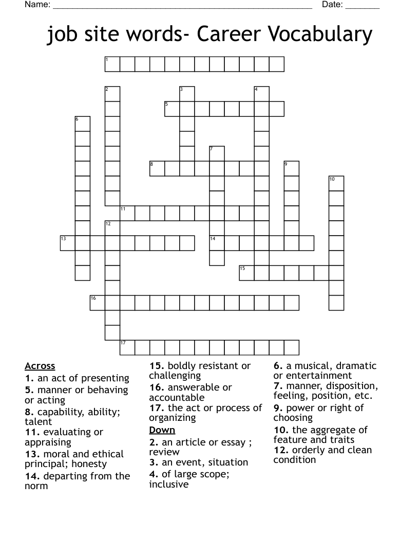job site words- Career Vocabulary  Crossword