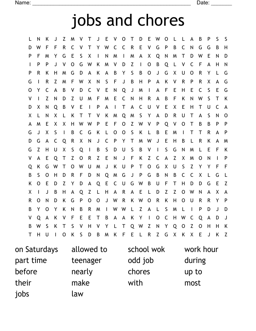 jobs and chores Word Search