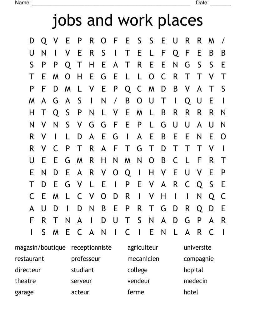 jobs and work places Word Search