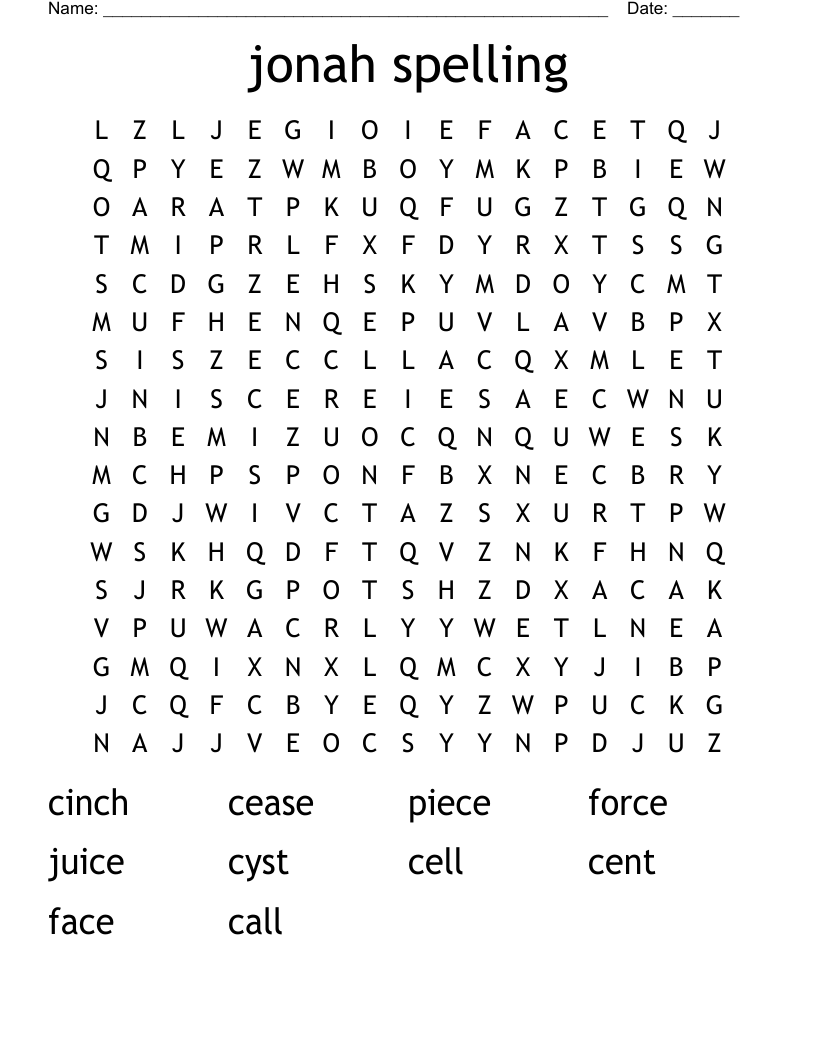 jonah spelling Word Search