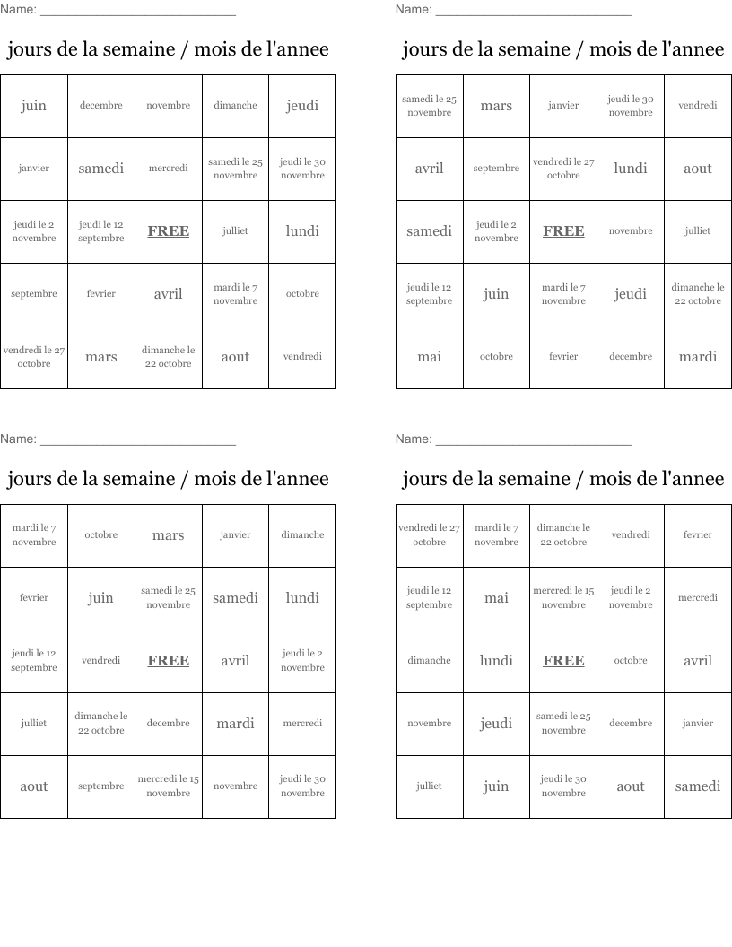 jours de la semaine / mois de l'annee Bingo Cards