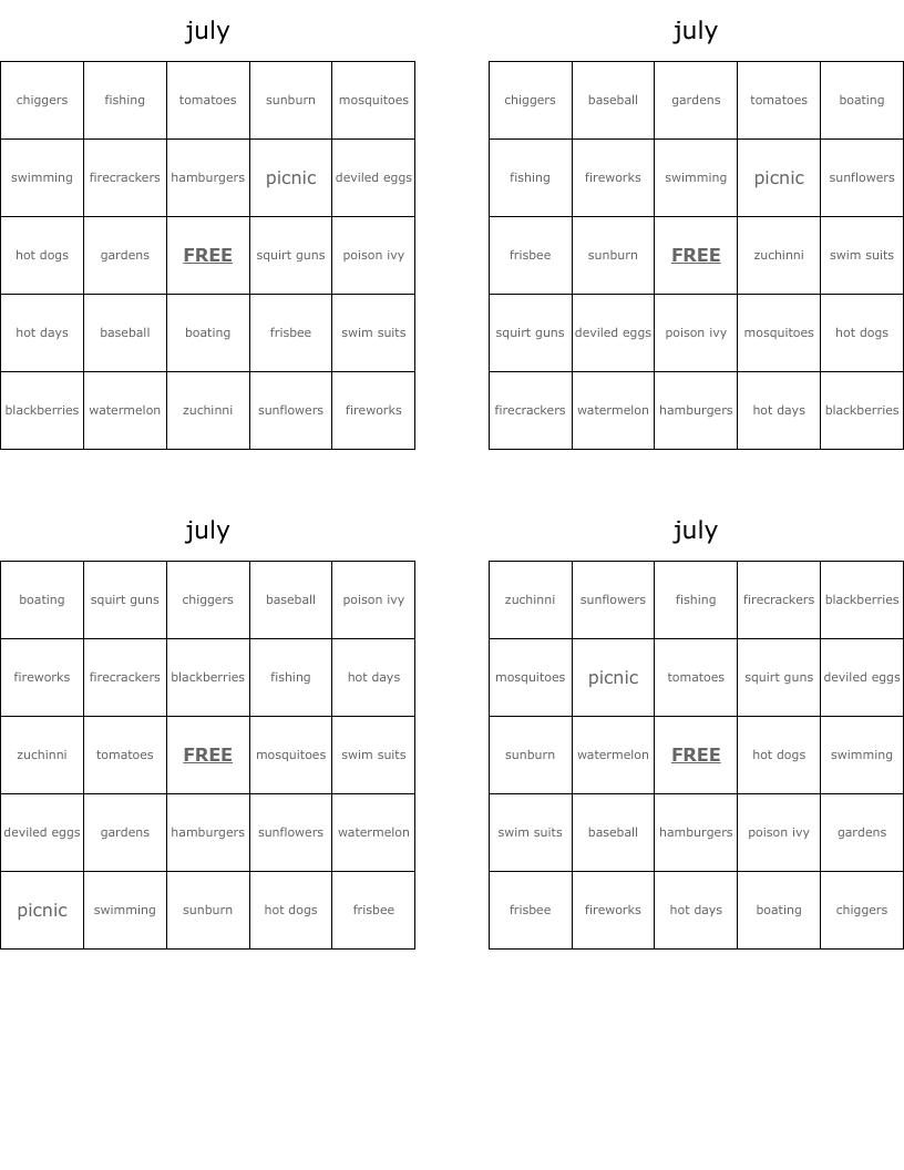 july Bingo Cards