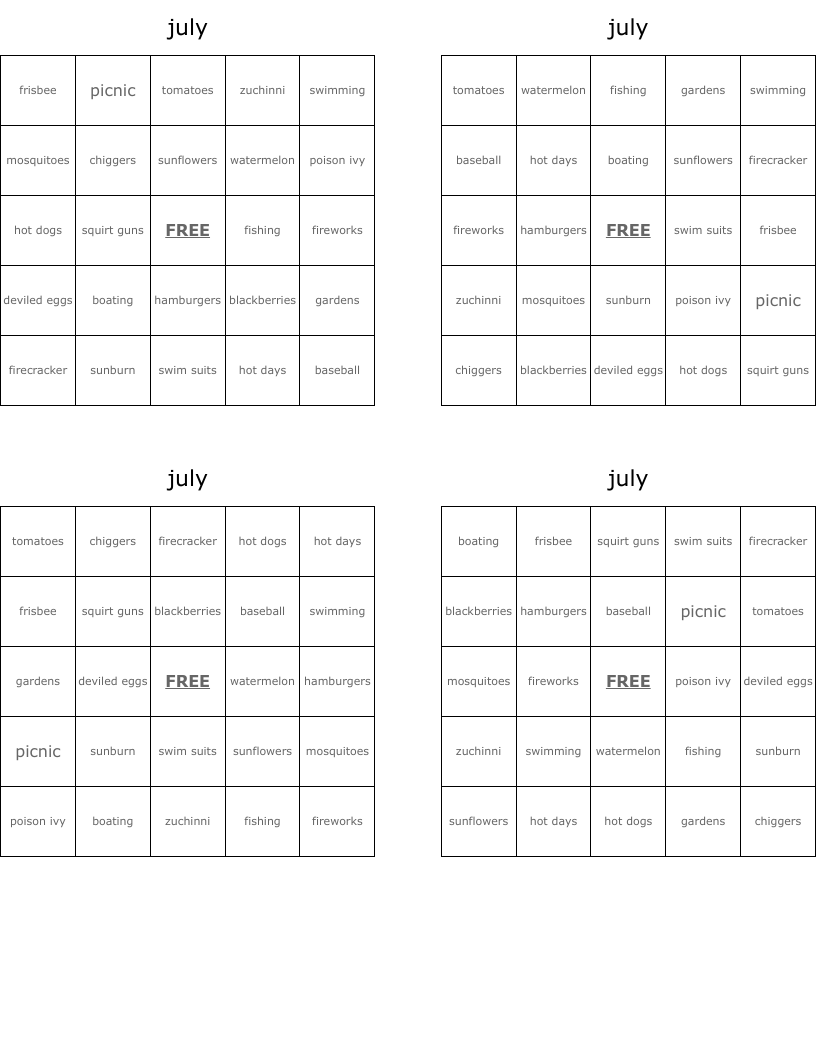july Bingo Cards