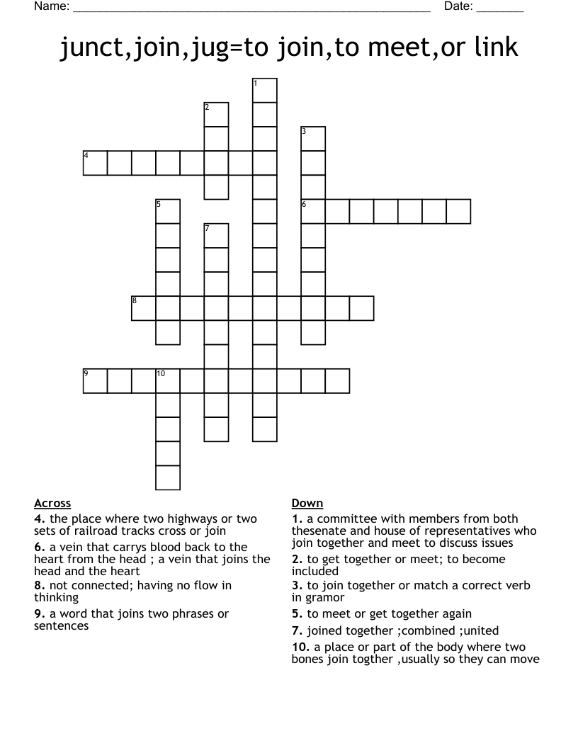 junct,join,jug=to join,to meet,or link Crossword