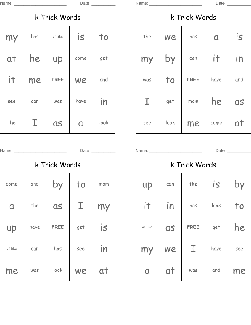 k Trick Words Bingo Cards