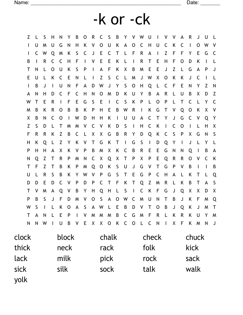 -k or -ck Word Search