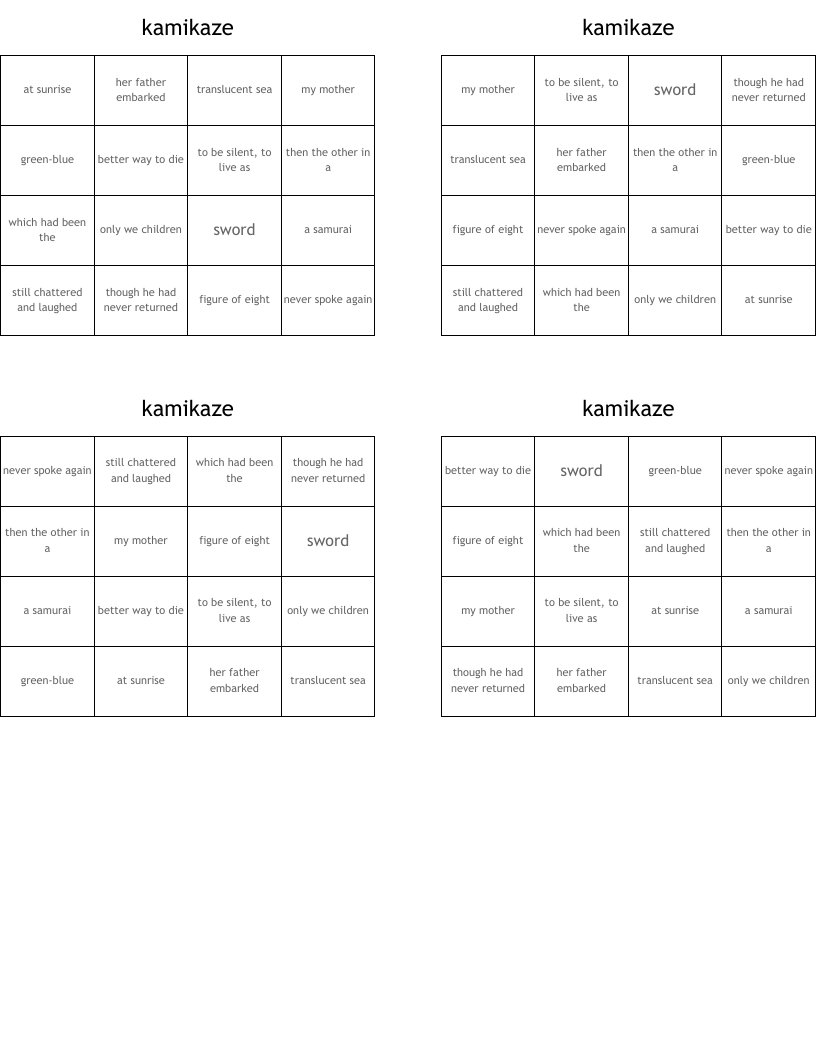 kamikaze  Bingo Cards