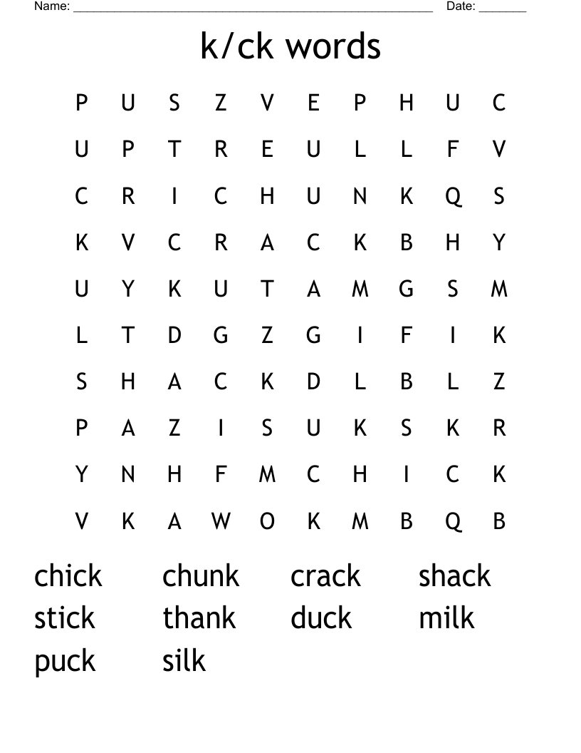 k/ck words Word Search