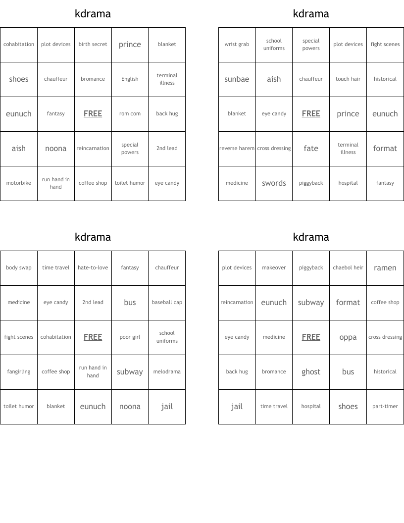 kdrama Bingo Cards