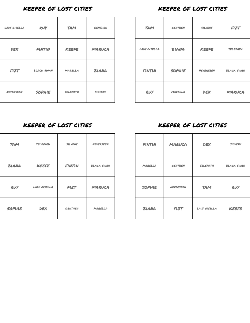 keeper of lost cities Bingo Cards