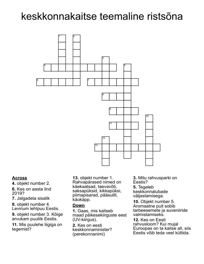 keskkonnakaitse teemaline ristsõna Crossword