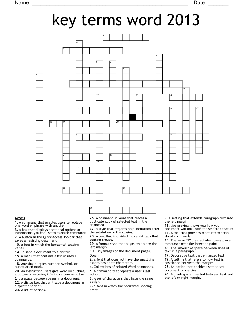 key terms word 2013 Crossword