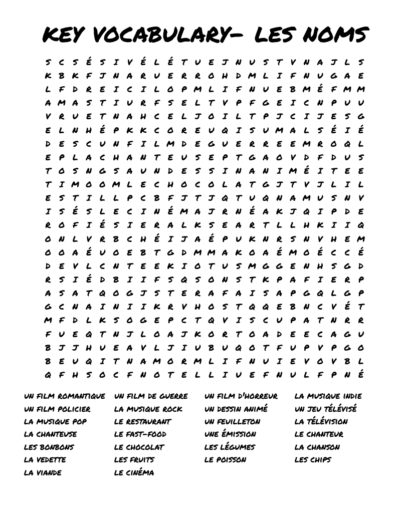 key vocabulary- les noms Word Search