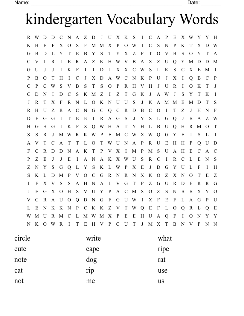 kindergarten Vocabulary Words Word Search