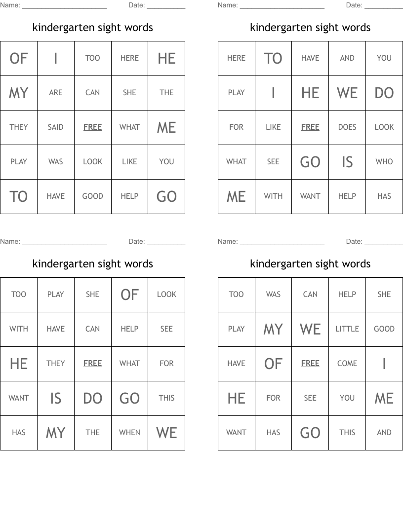 kindergarten sight words Bingo Cards