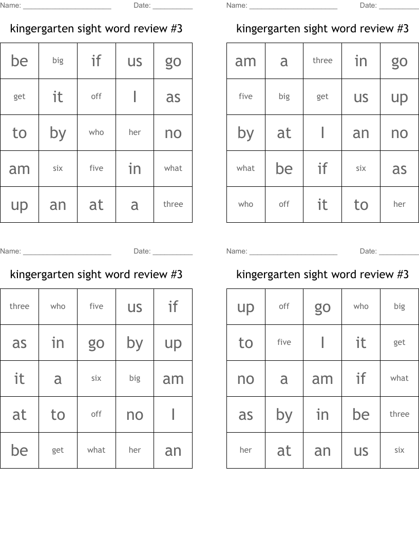 kingergarten sight word review #3 Bingo Cards
