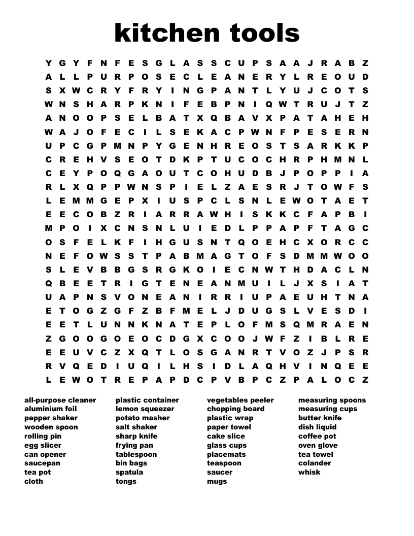kitchen tools Word Search
