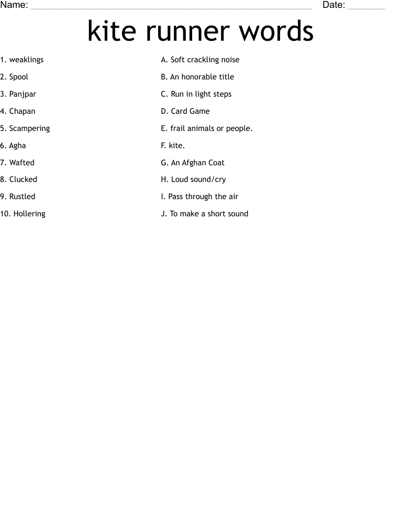 kite runner words Worksheet