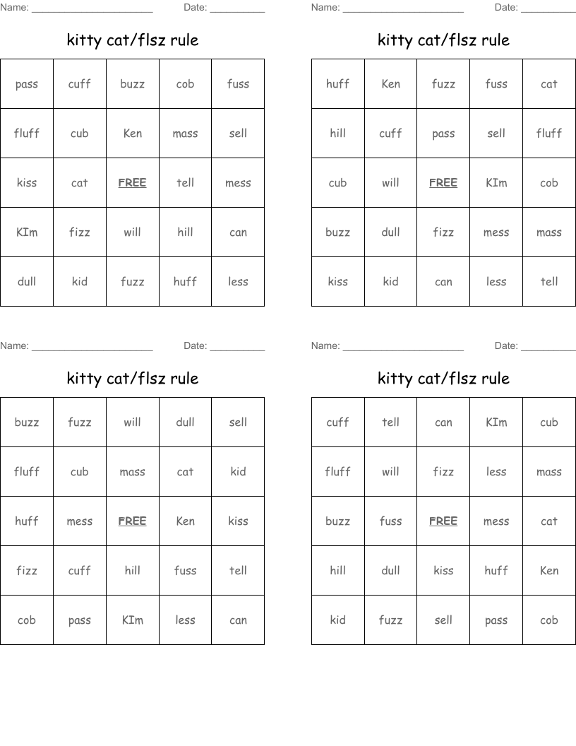kitty cat/flsz rule Bingo Cards