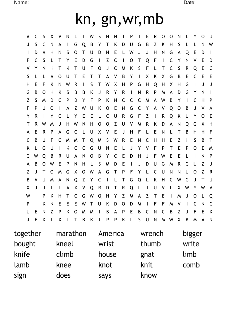 kn, gn,wr,mb Word Search