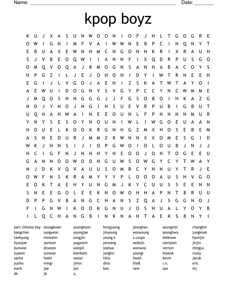 kpop boyz Word Search