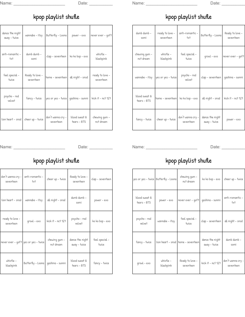 kpop playlist shufle Bingo Cards