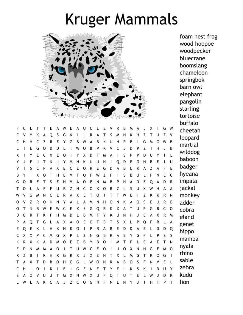 Kruger Mammals Word Search