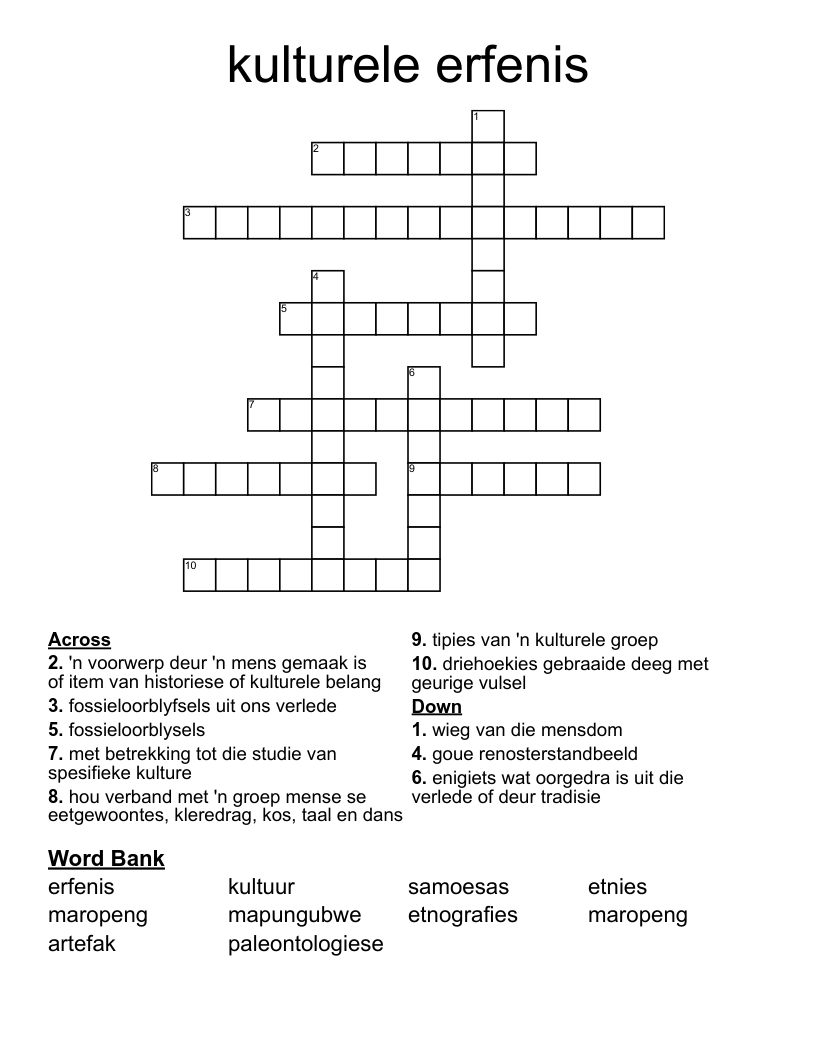 kulturele erfenis Crossword
