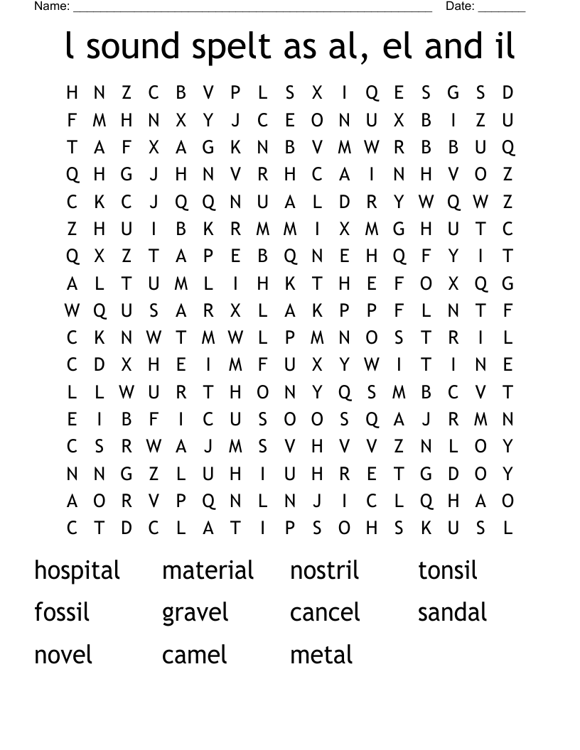 l sound spelt as al, el and il Word Search
