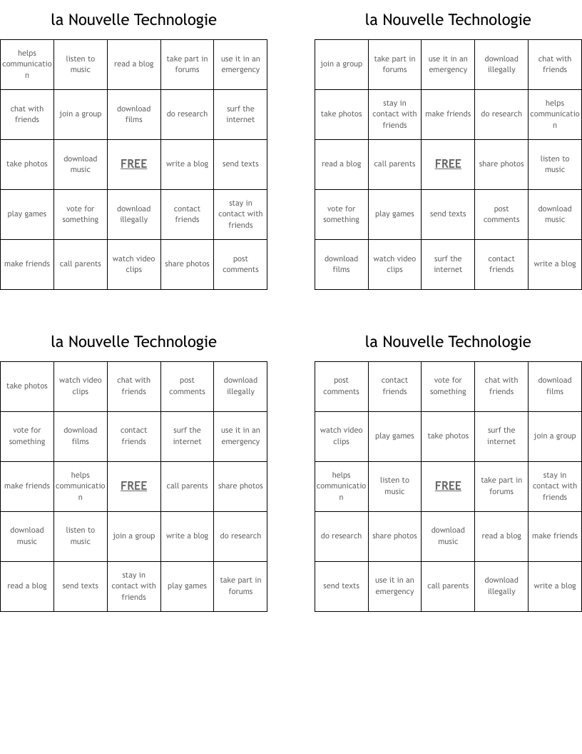 la Nouvelle Technologie Bingo Cards