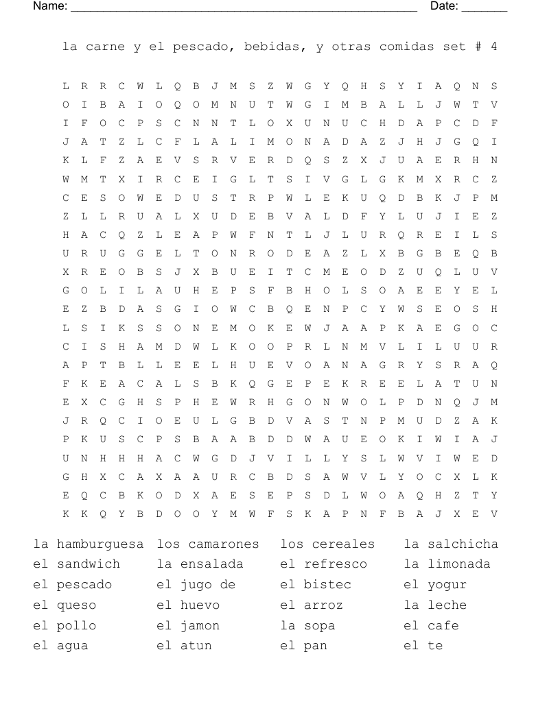 la carne y el pescado, bebidas, y otras comidas  set # 4 Word Search
