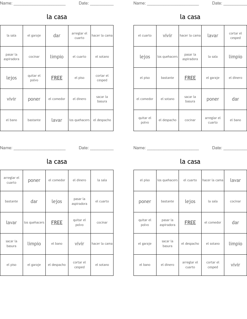 la casa Bingo Cards