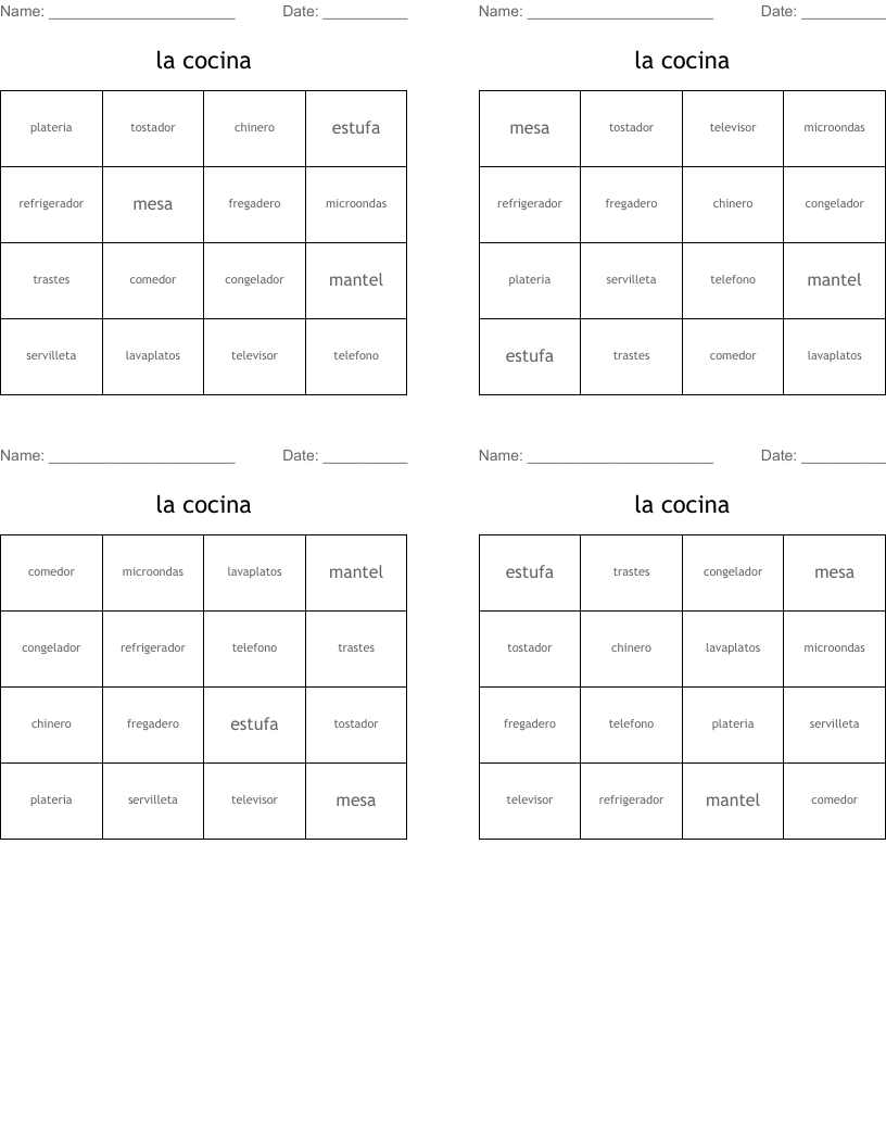 la cocina Bingo Cards