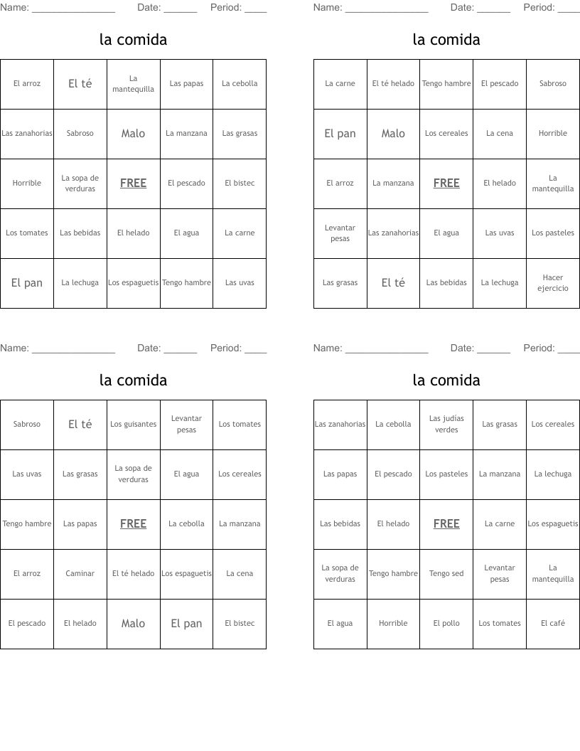 la comida Bingo Cards
