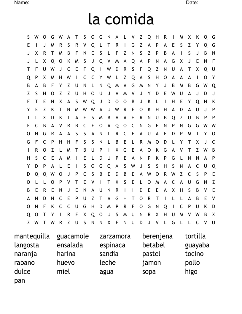 la comida Word Search