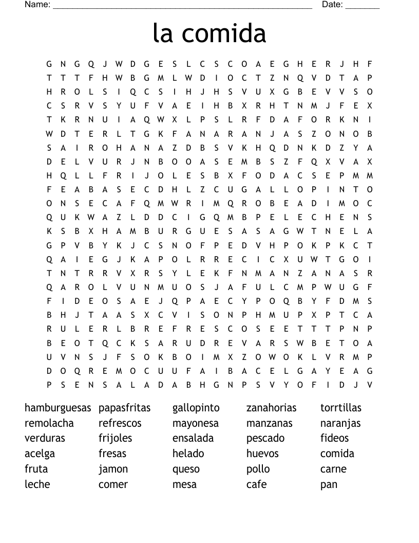 la comida Word Search
