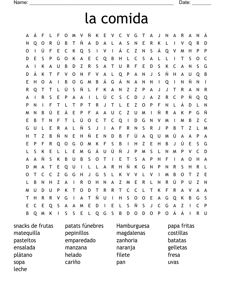la comida Word Search
