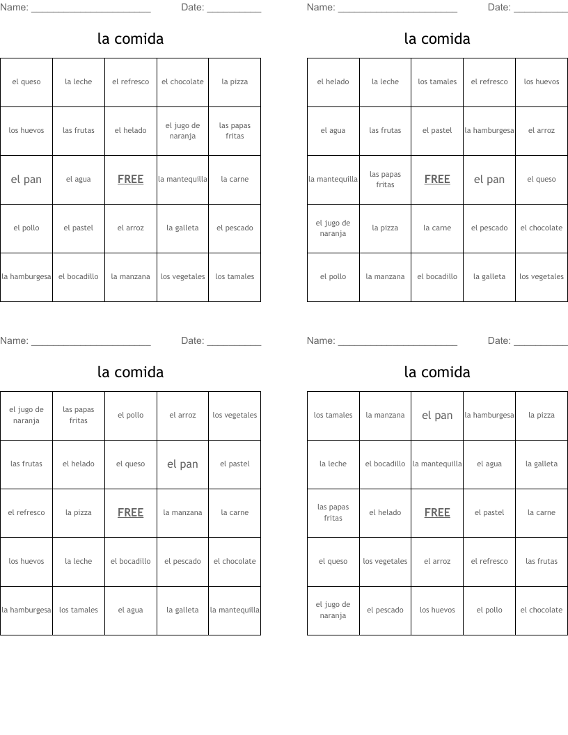 la comida Bingo Cards