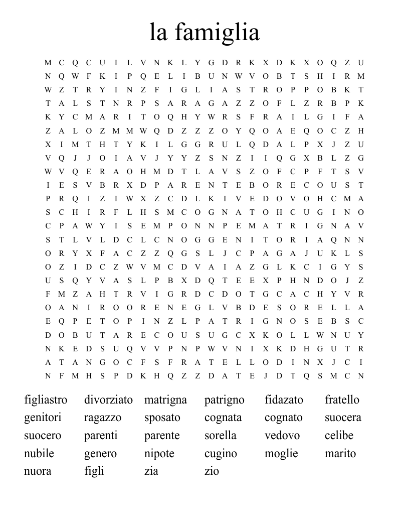 la famiglia Word Search