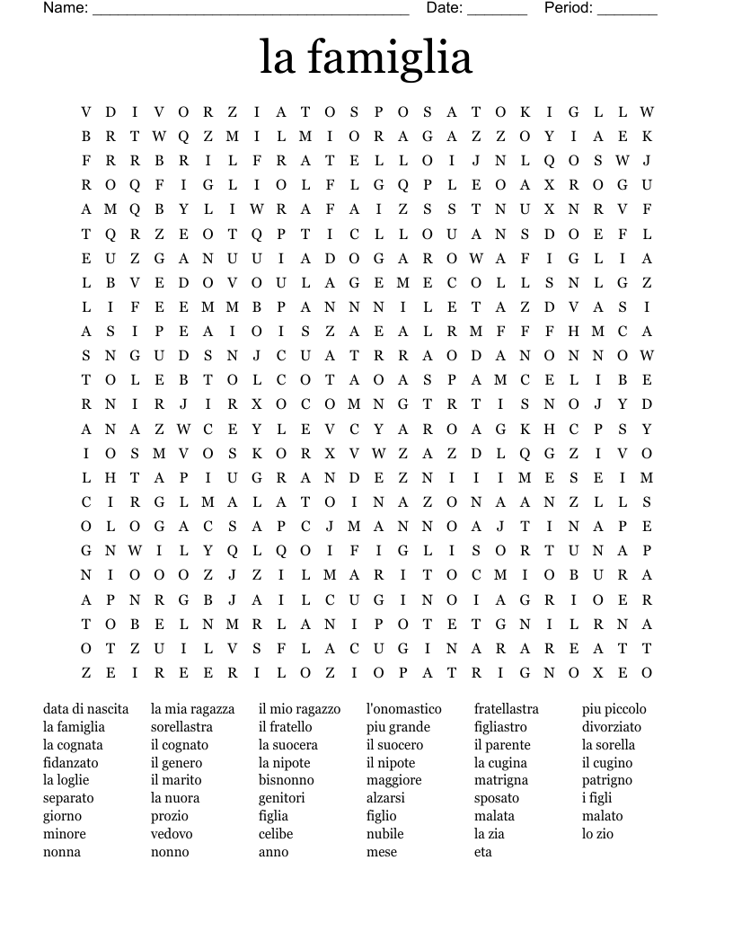 la famiglia  Word Search