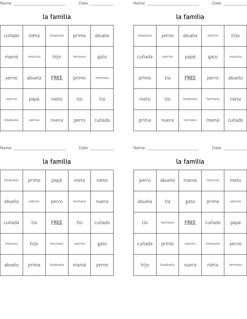 la familia Bingo Cards