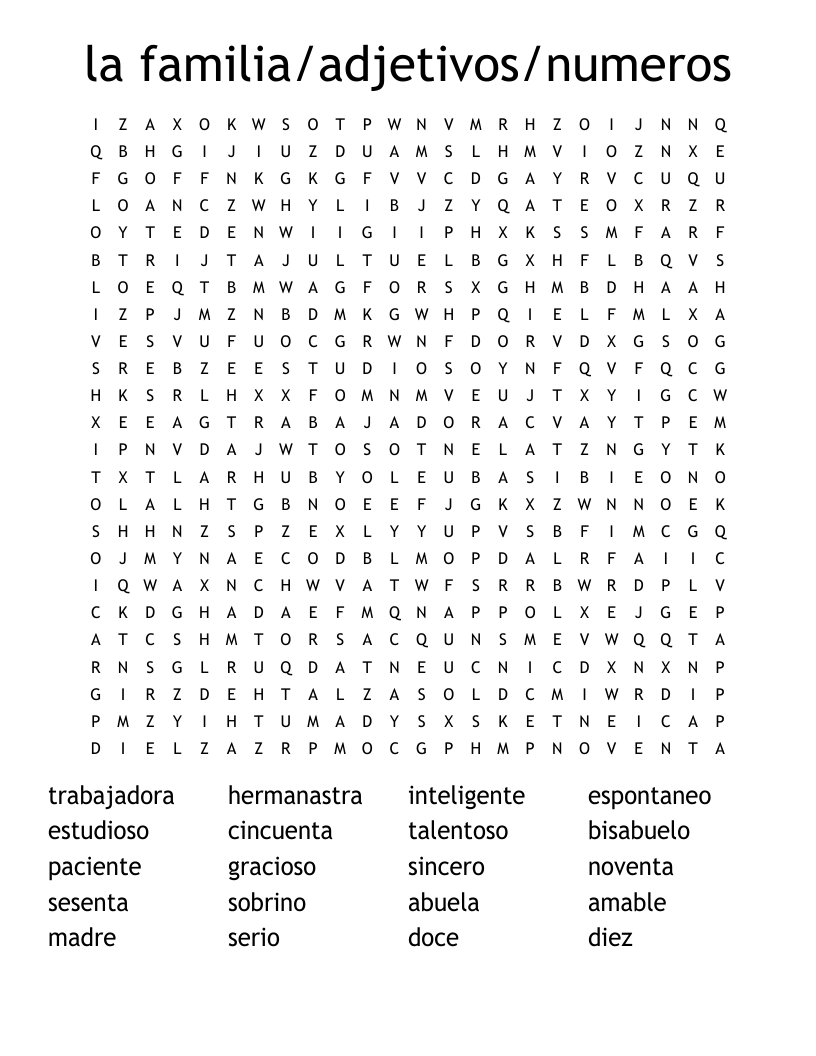 la familia/adjetivos/numeros Word Search