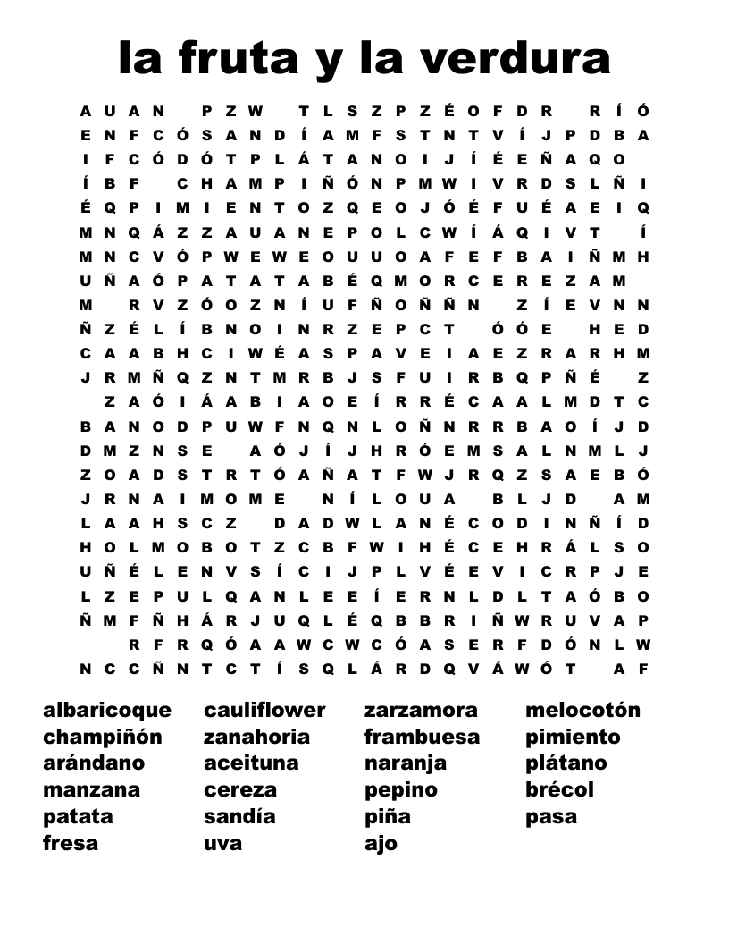 la fruta y la verdura  Word Search