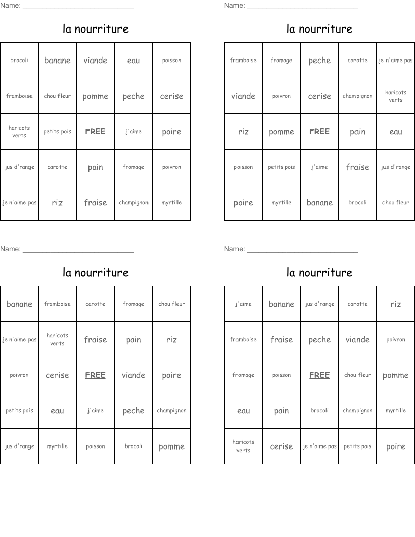 la nourriture Bingo Cards